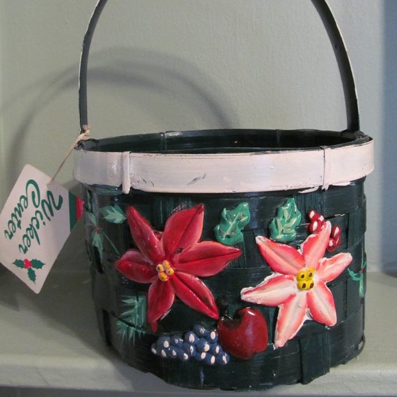 Vintage Wicker Basket w Handle, Poinsettias, Fruit NWT - Picture 3 of 10